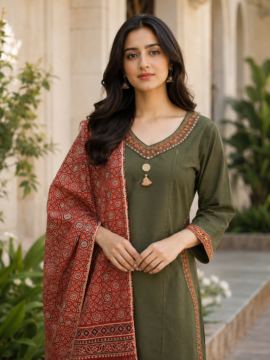 Green Printed 3-Piece Kurti Set