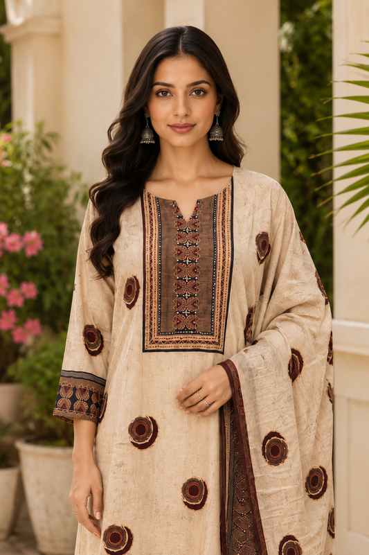 Beige Printed Straight Kurti Set with Dupatta