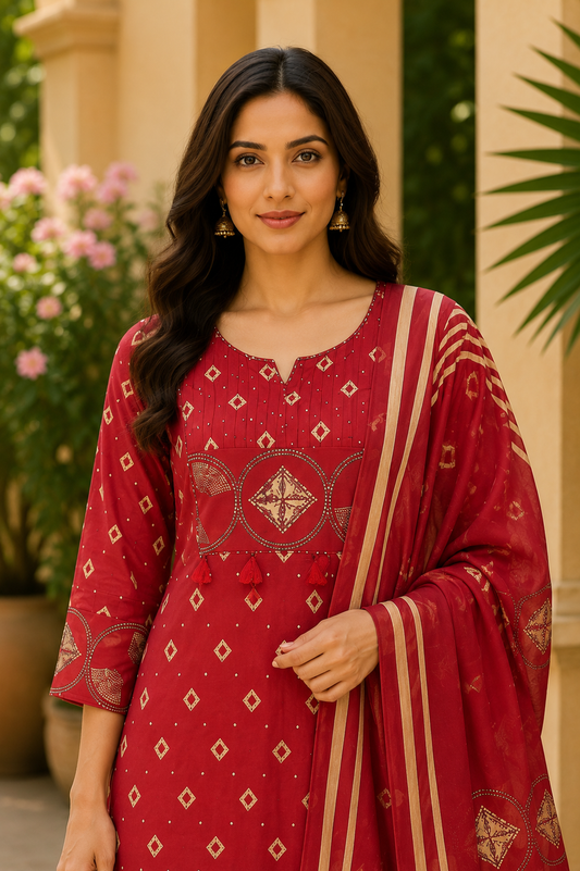 Cherry Red Printed Jaipur Cotton Kurti Set