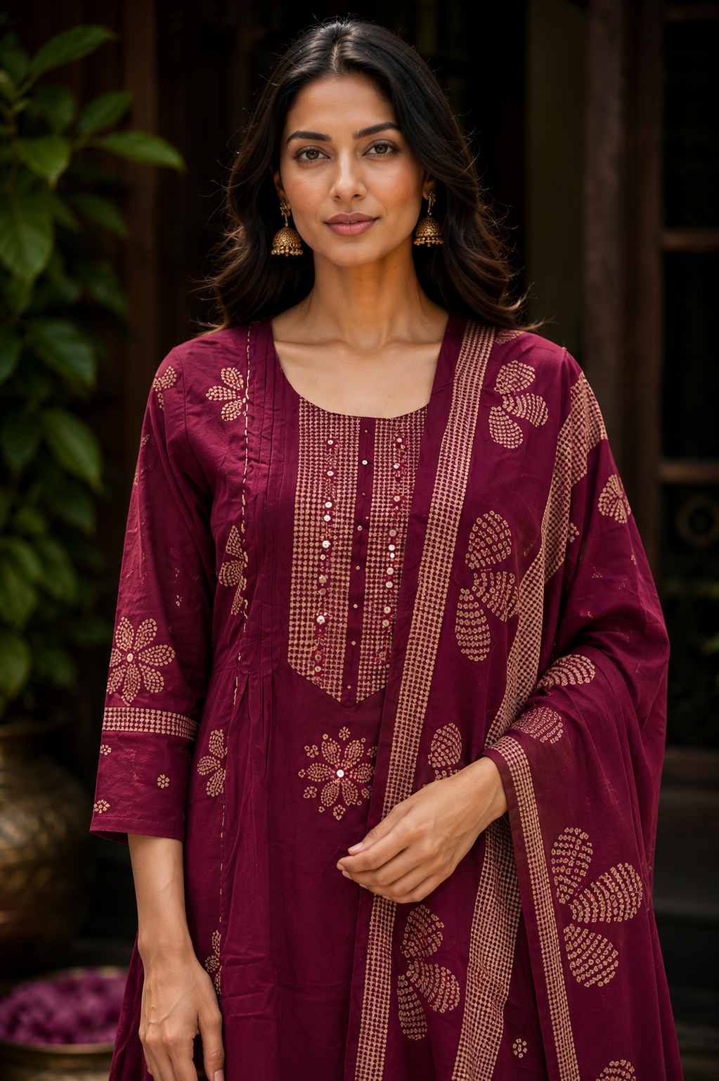 Women's Printed Jaipur Cotton Wine Kurti Set