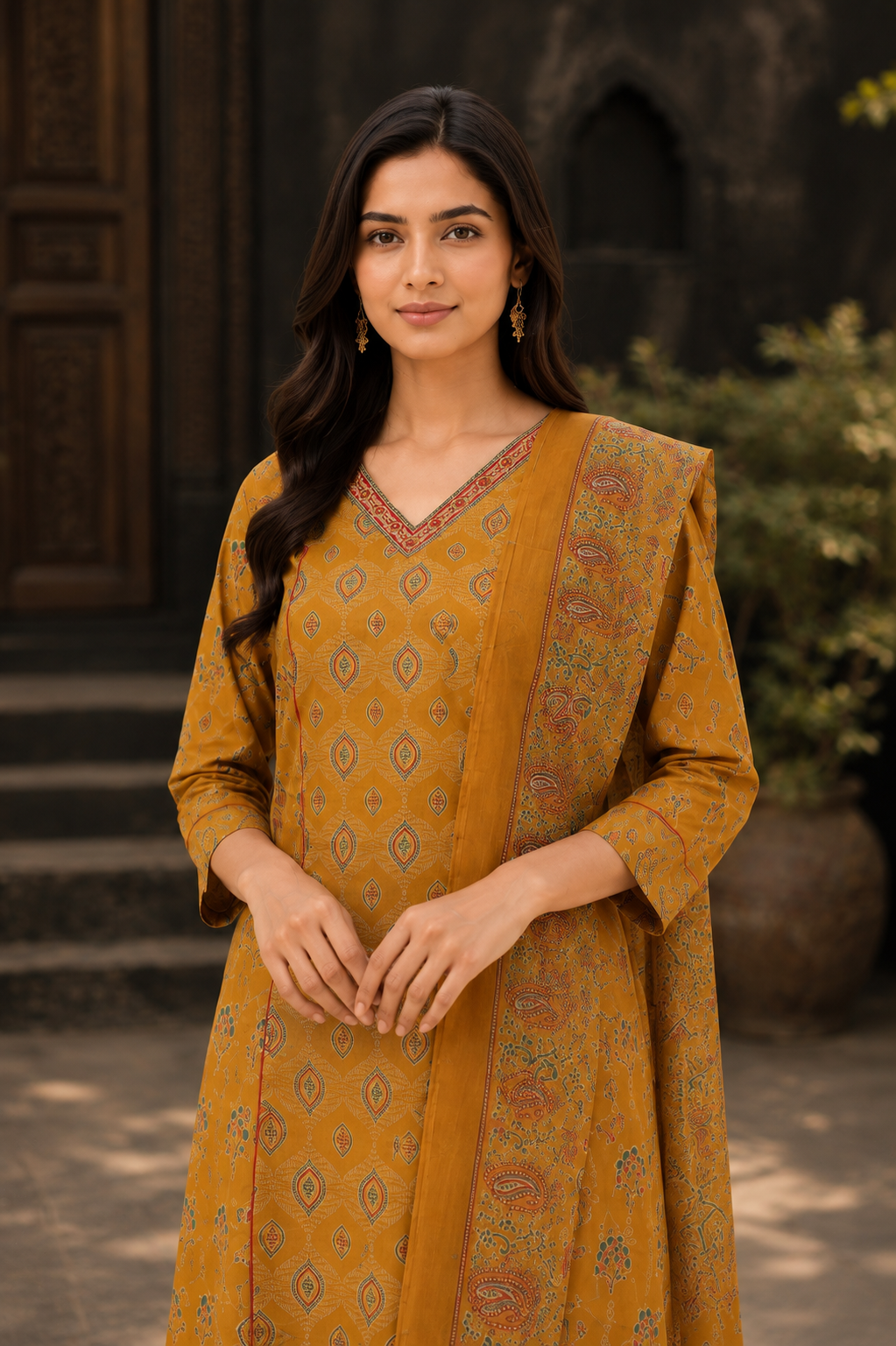 Mustard Paisley Printed Cotton Kurti Set
