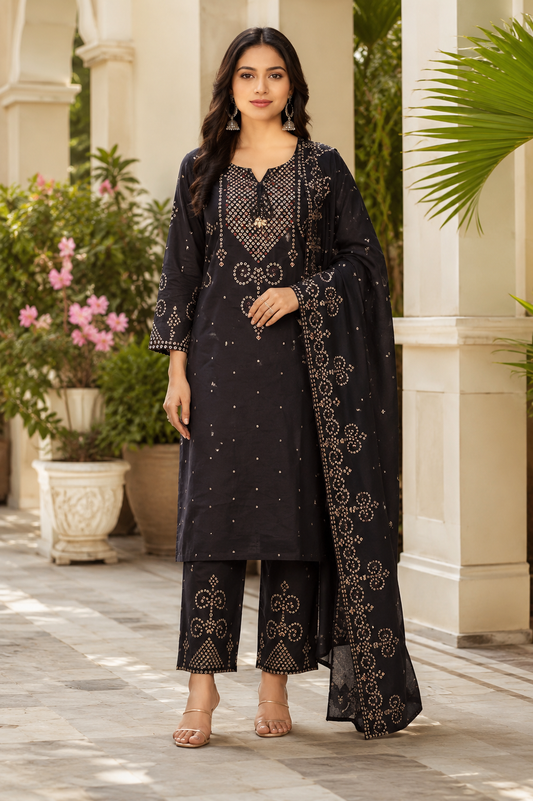 Black Printed Bandhani Kurti Set with Dupatta