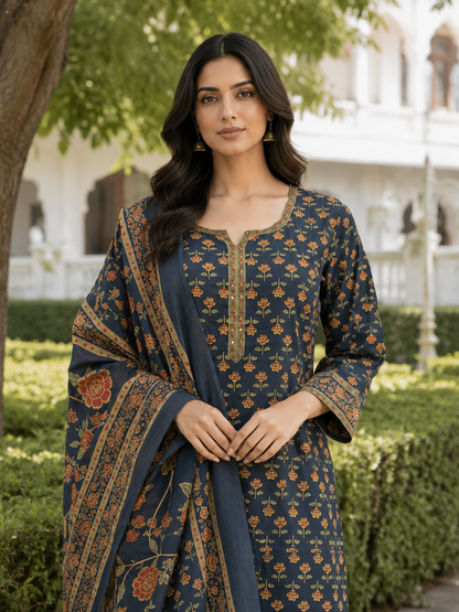 Navy Blue Printed Cotton Kurti Set