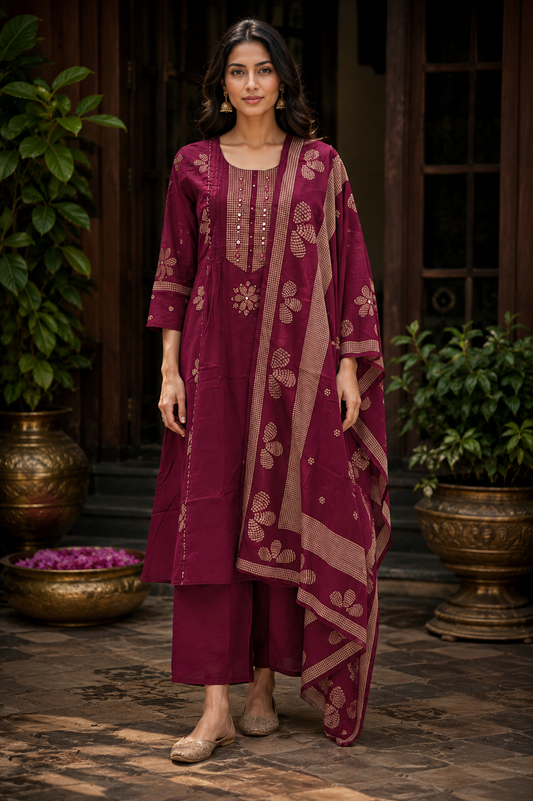 Women's Printed Jaipur Cotton Wine Kurti Set