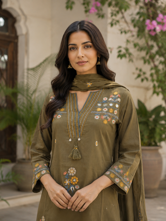Green Embroidered 3-Piece Kurti Set
