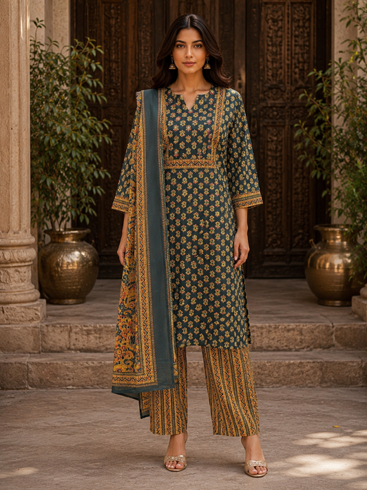 Women's Printed Jaipur Cotton Green Kurti Set
