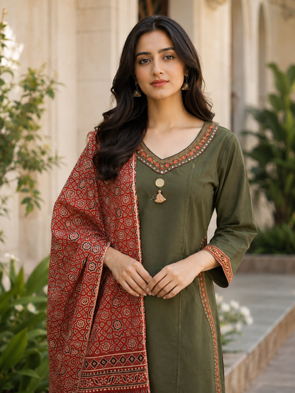 Green Printed 3-Piece Kurti Set