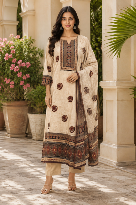 Beige Printed Straight Kurti Set with Dupatta