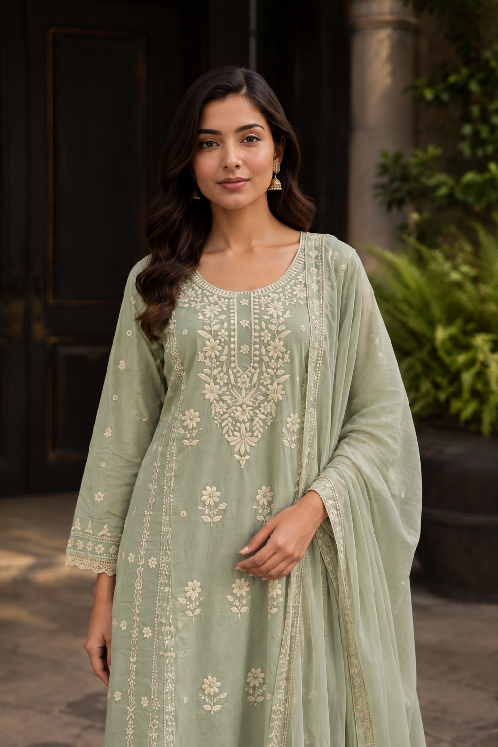 Floral Pista Embroidered 3-Piece Kurti Set