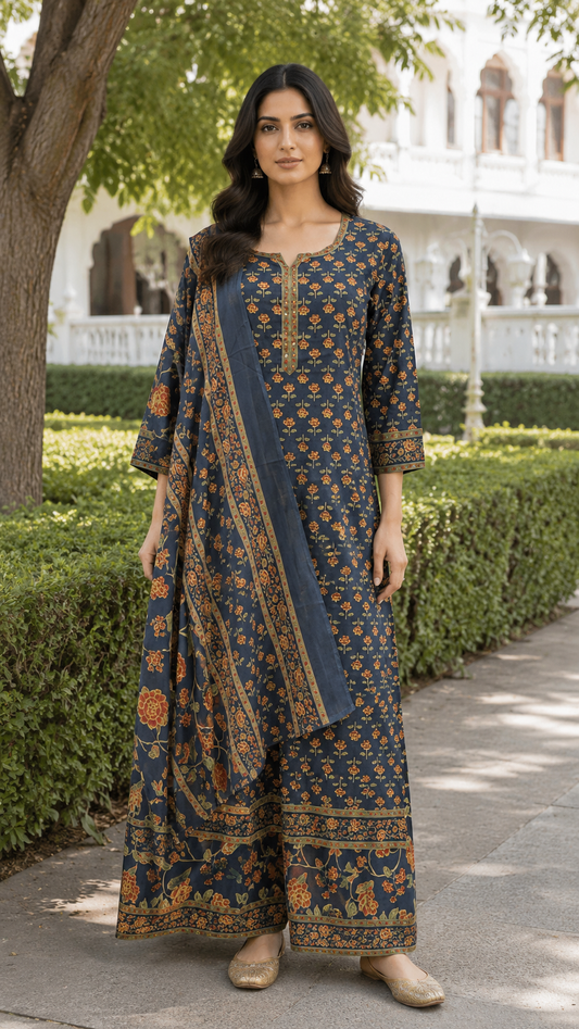 Navy Blue Printed Cotton Kurti Set