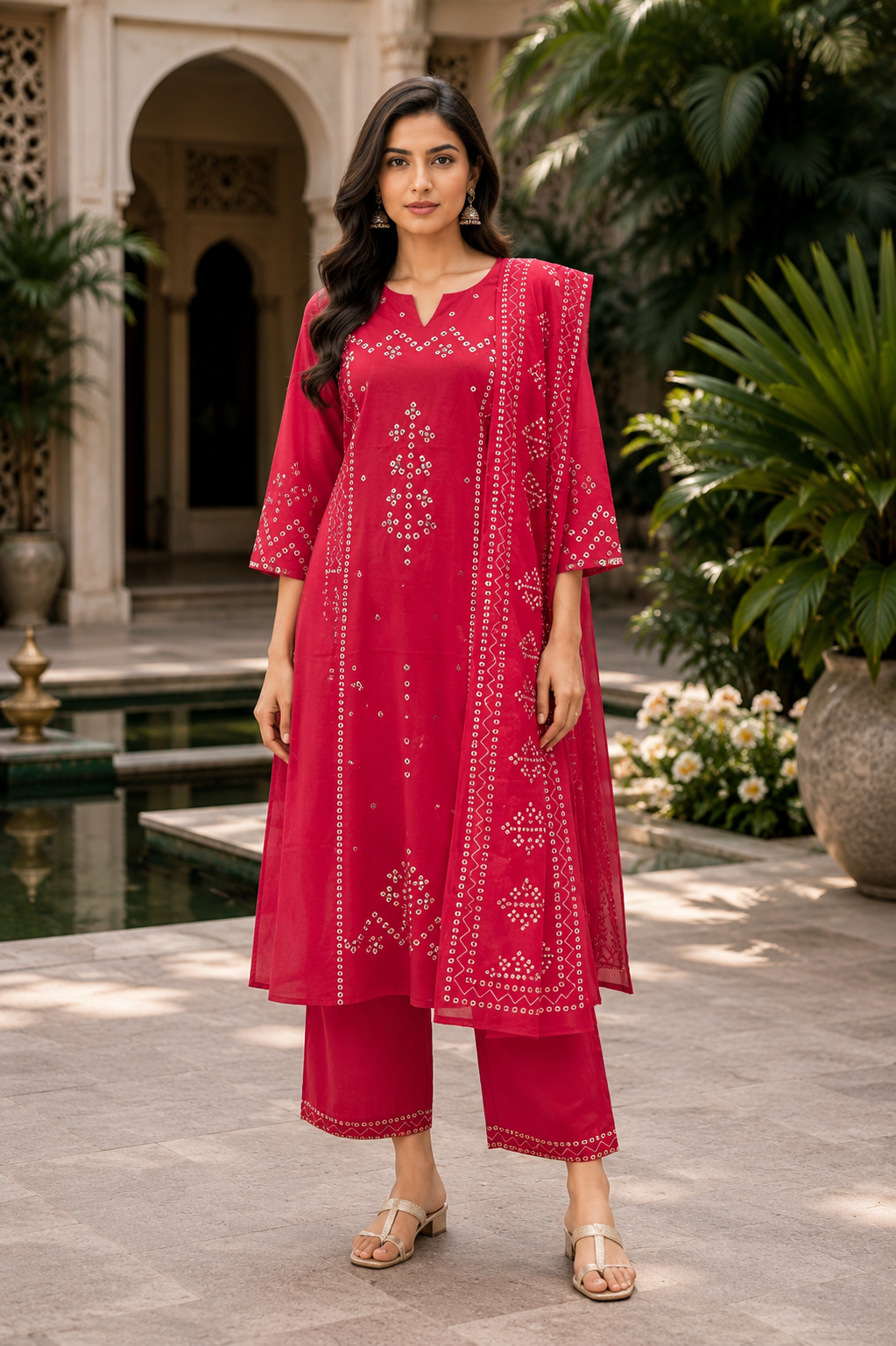 Women's Maroon Printed Bandhani Kurti Set
