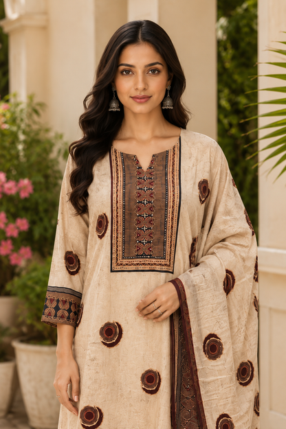 Beige Printed Straight Kurti Set with Dupatta