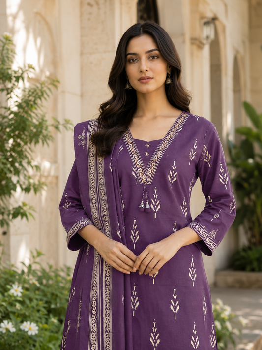 Elegant Printed Cotton 3-Piece Kurti Set