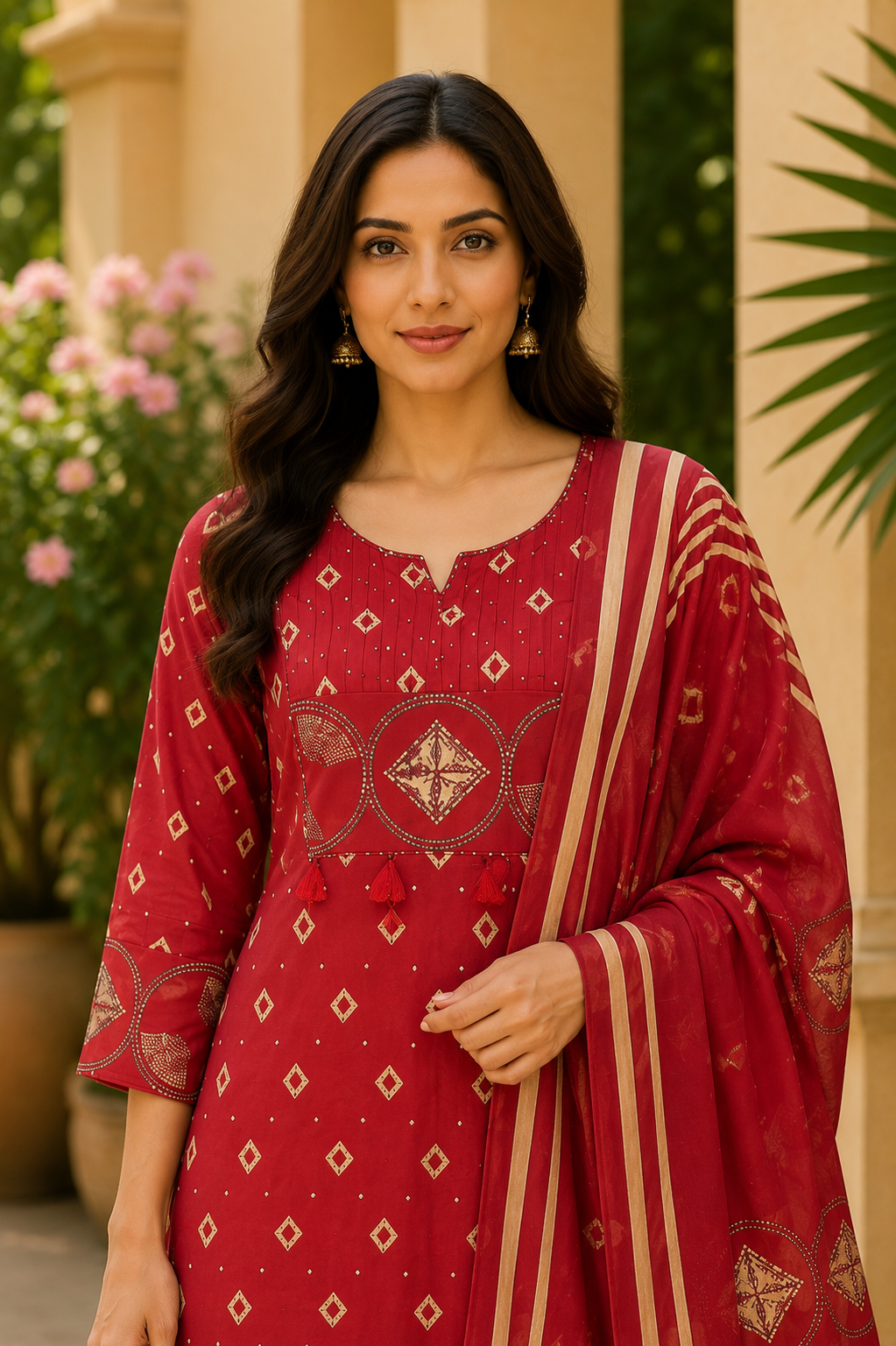 Cherry Red Printed Jaipur Cotton Kurti Set