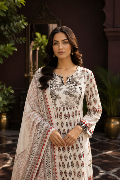 Elegant Off-White Printed Jaipur Cotton Kurti Set