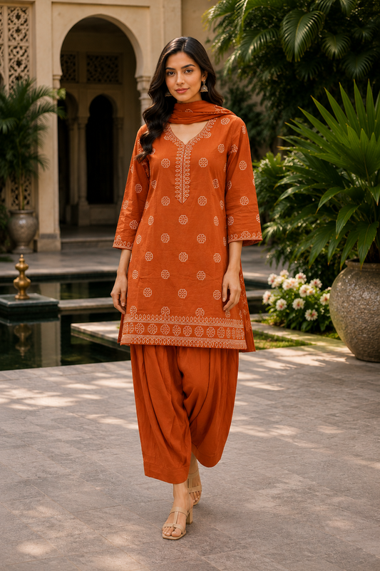 Rust Orange Printed Kurti Set