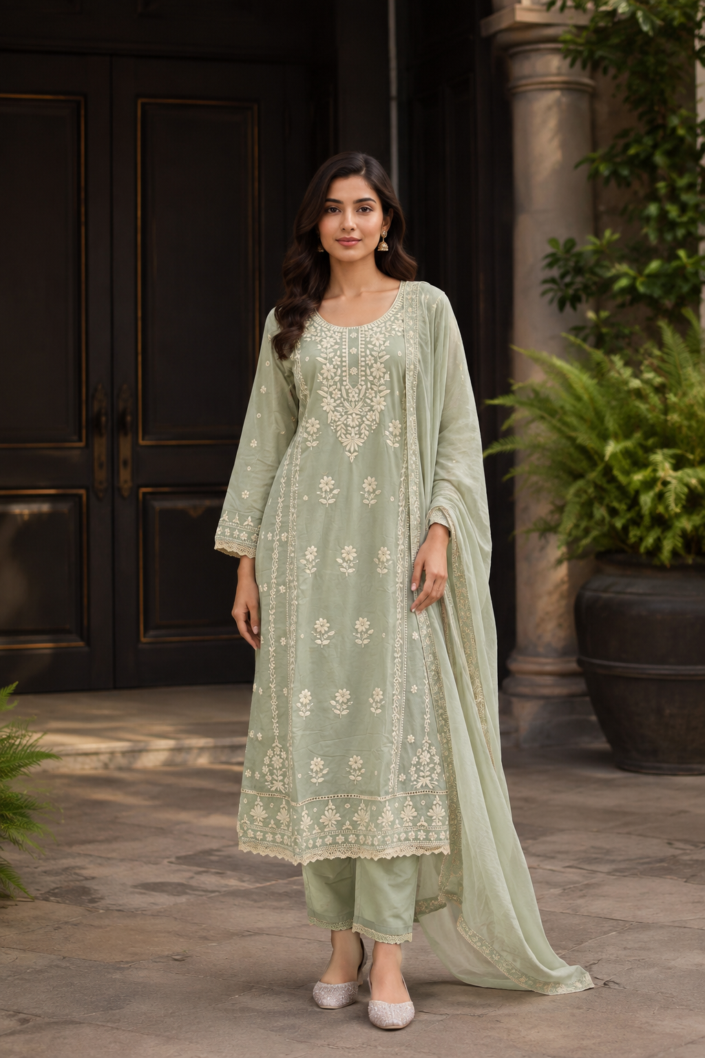 Floral Pista Embroidered 3-Piece Kurti Set