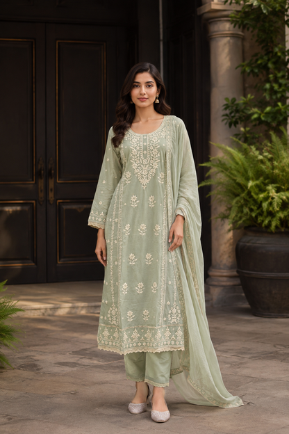 Floral Pista Embroidered 3-Piece Kurti Set