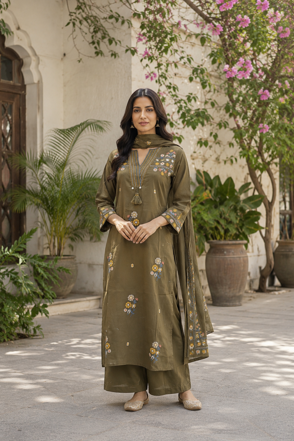 Green Embroidered 3-Piece Kurti Set