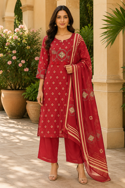 Cherry Red Printed Jaipur Cotton Kurti Set