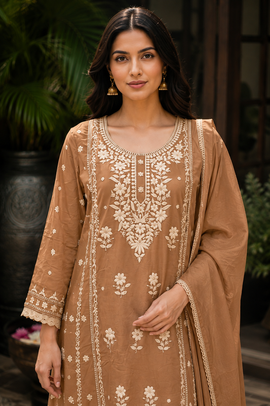 Elegant Mocha Brown Floral Embroidered Kurti Set