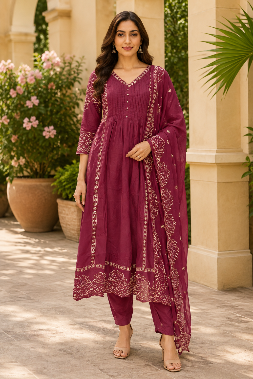 Wine Bandhani Jaipur Cotton Kurti Set