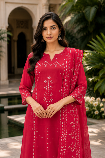 Women's Maroon Printed Bandhani Kurti Set