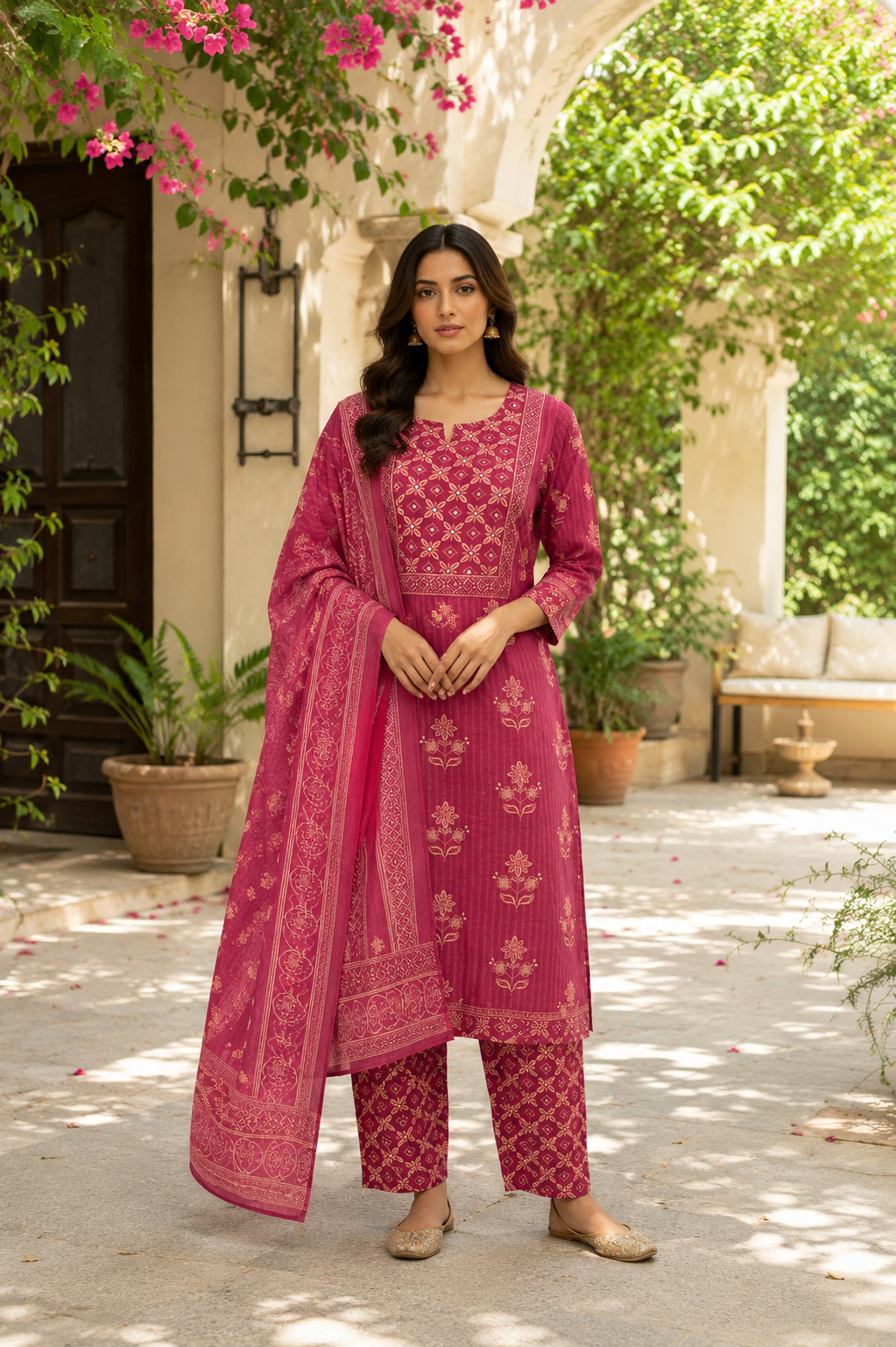 Dark Pink Printed Cotton 3-Piece Kurti Set