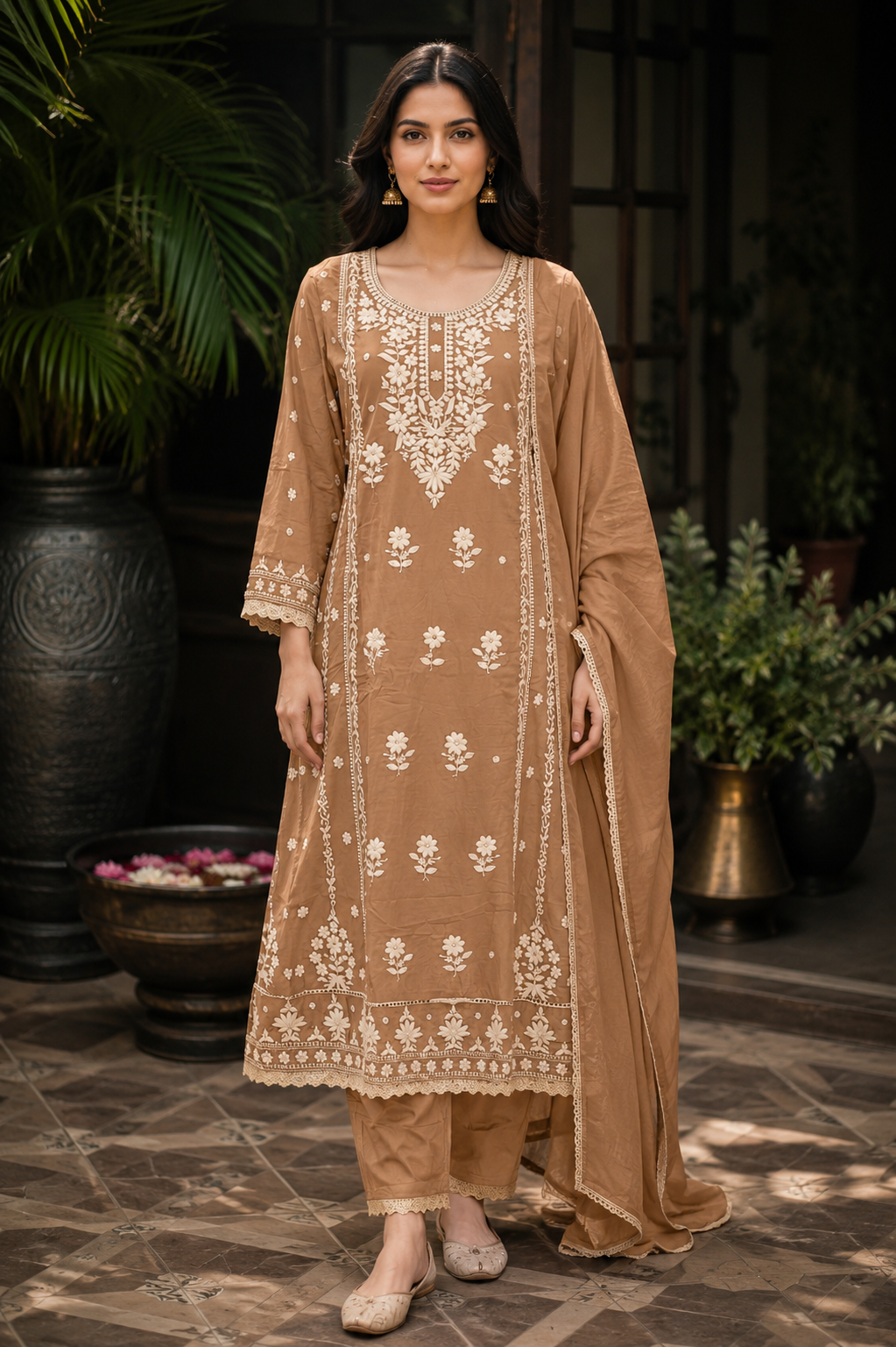 Elegant Mocha Brown Floral Embroidered Kurti Set