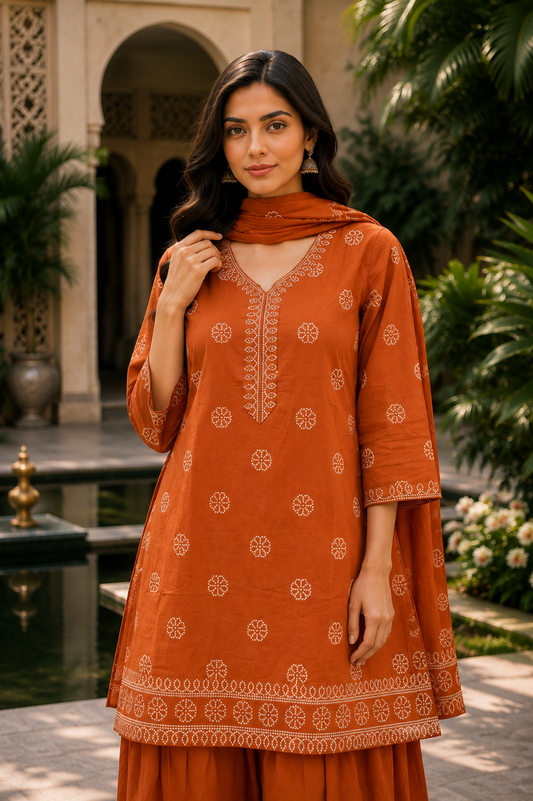 Rust Orange Printed Kurti Set