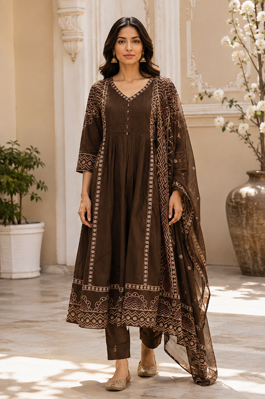 Coffee Brown Bandhani Jaipur Cotton Kurti Set