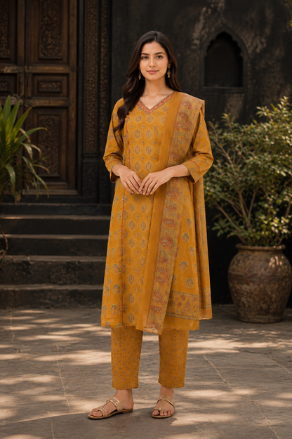 Mustard Paisley Printed Cotton Kurti Set