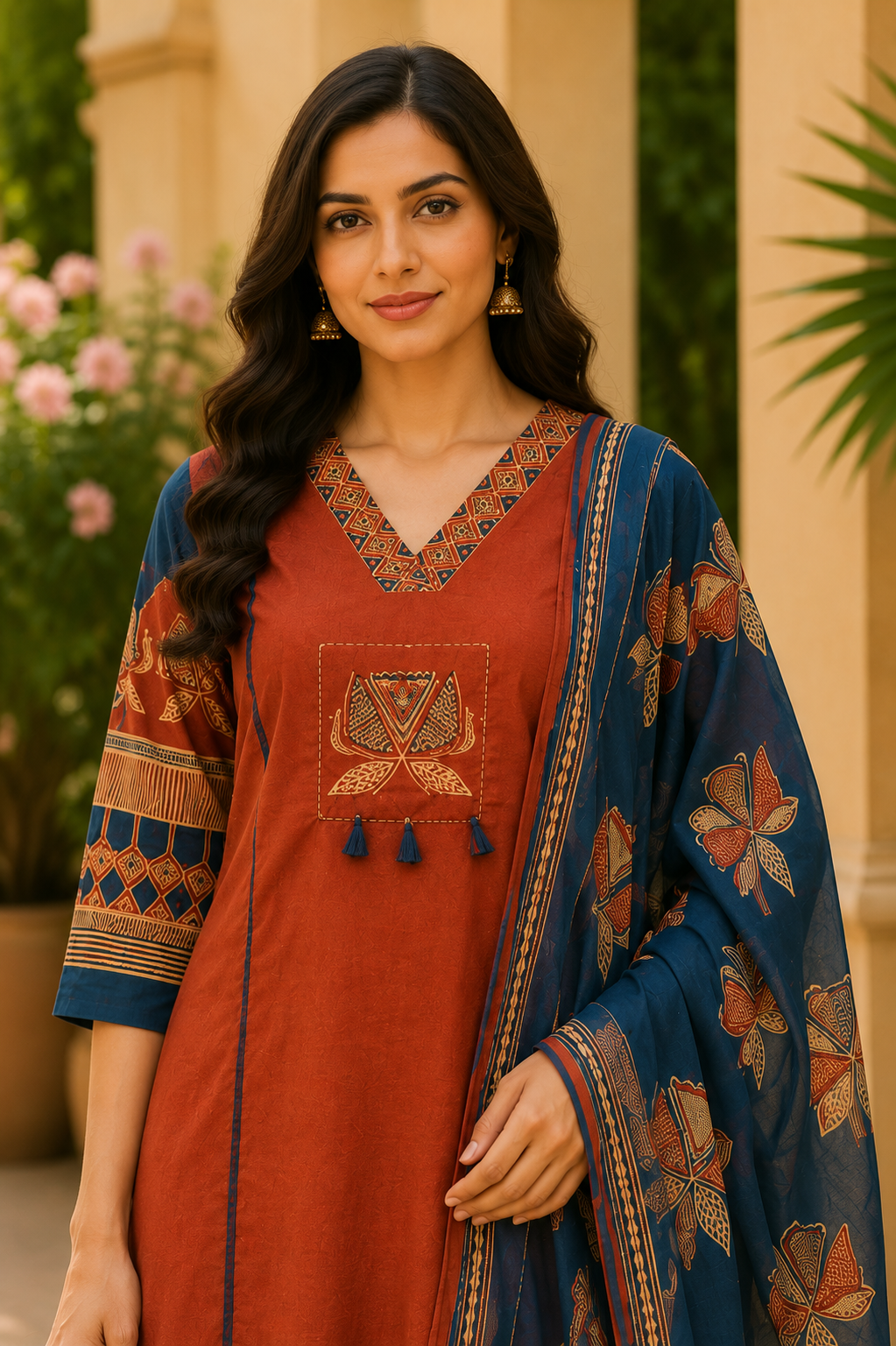 Rust Orange Cotton Printed Kurti Set
