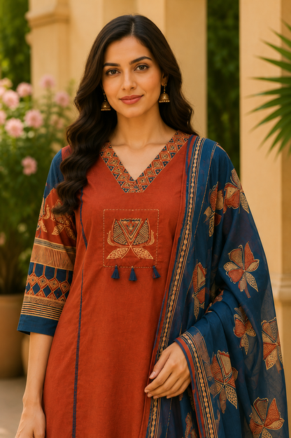 Rust Orange Cotton Printed Kurti Set