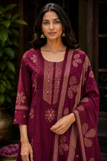 Women's Printed Jaipur Cotton Wine Kurti Set