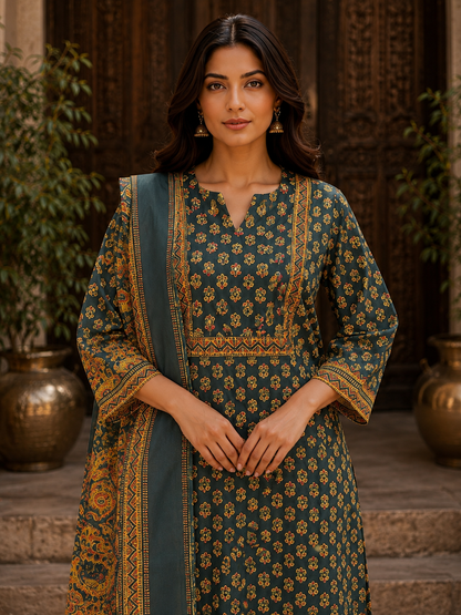 Women's Printed Jaipur Cotton Green Kurti Set