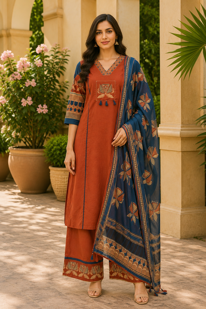 Rust Orange Cotton Printed Kurti Set