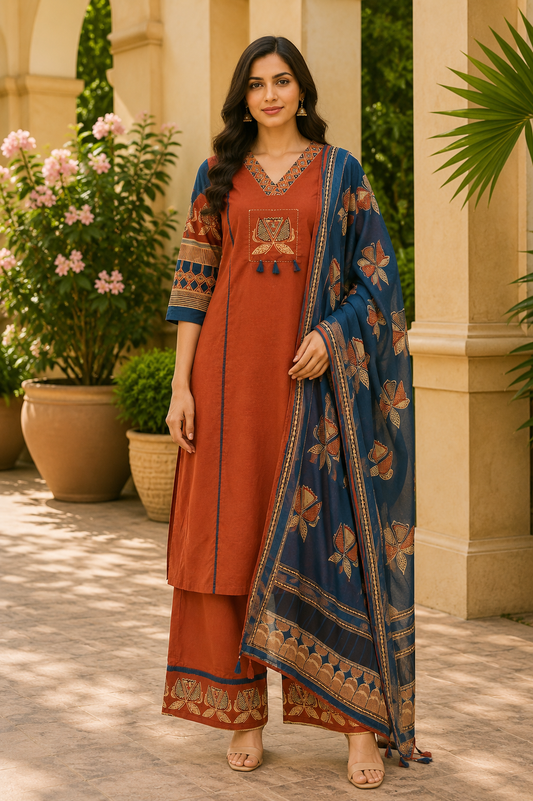 Rust Orange Cotton Printed Kurti Set
