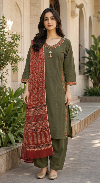 Green Printed 3-Piece Kurti Set