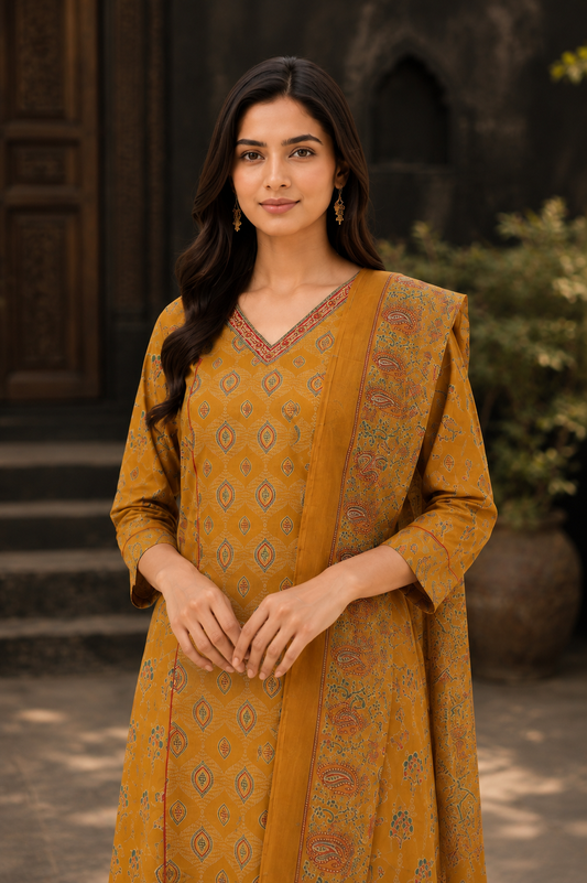 Mustard Paisley Printed Cotton Kurti Set