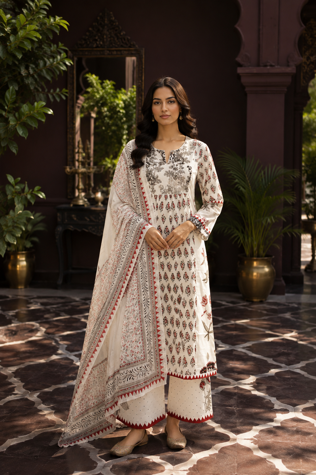 Elegant Off-White Printed Jaipur Cotton Kurti Set