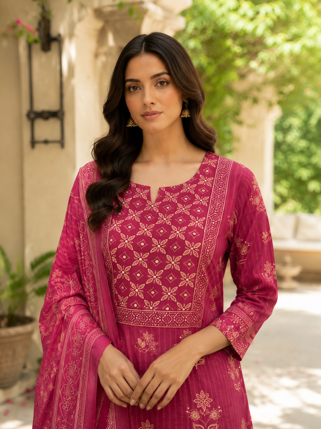 Dark Pink Printed Cotton 3-Piece Kurti Set