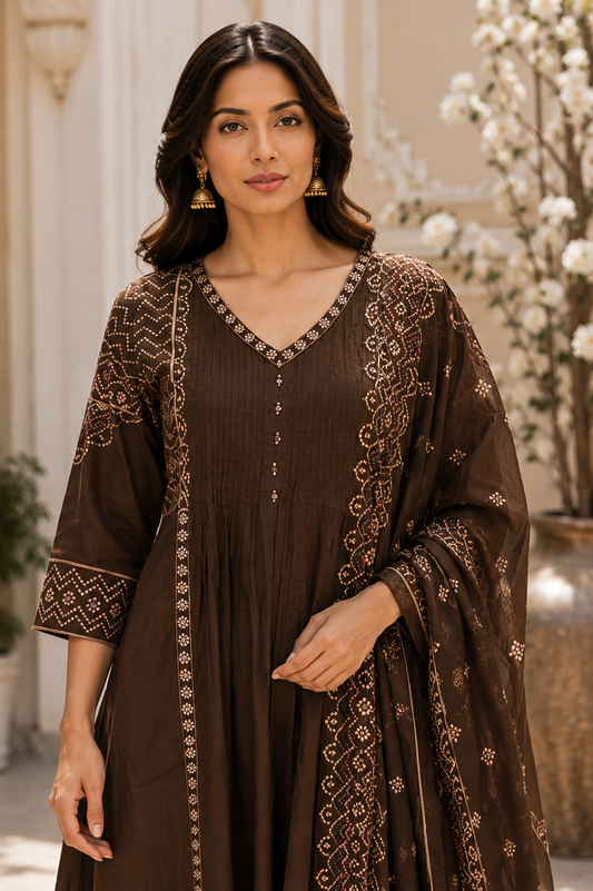 Coffee Brown Bandhani Jaipur Cotton Kurti Set