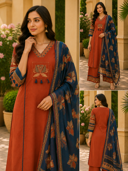 Rust Orange Cotton Printed Kurti Set