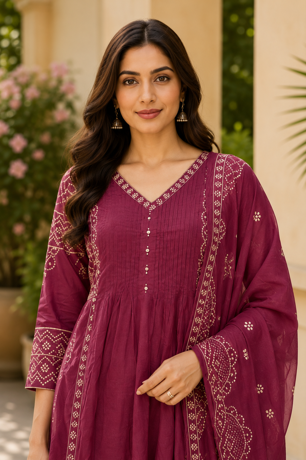 Wine Bandhani Jaipur Cotton Kurti Set