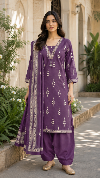 Elegant Printed Cotton 3-Piece Kurti Set