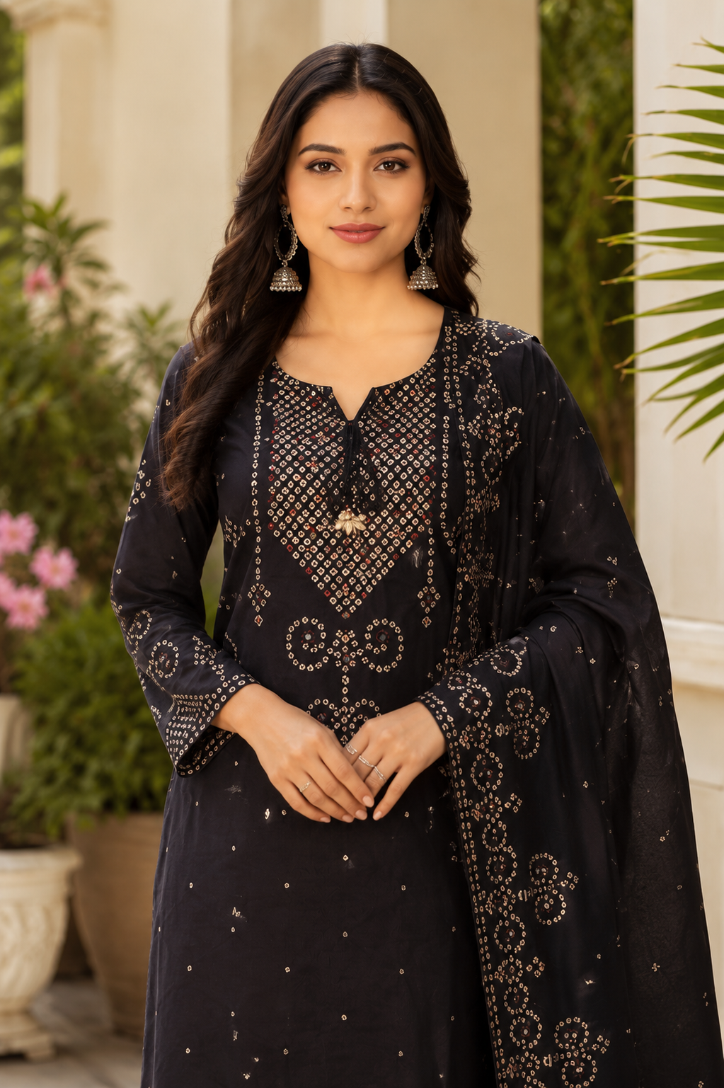 Black Printed Bandhani Kurti Set with Dupatta